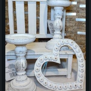 Shabby Chic Distressed White Candle Holders and Heart Decor